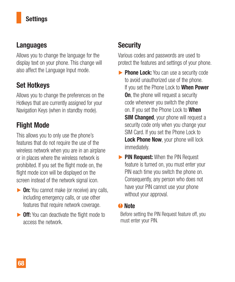 Languages, Set hotkeys, Flight mode | Security | LG LGA340 User Manual | Page 68 / 113
