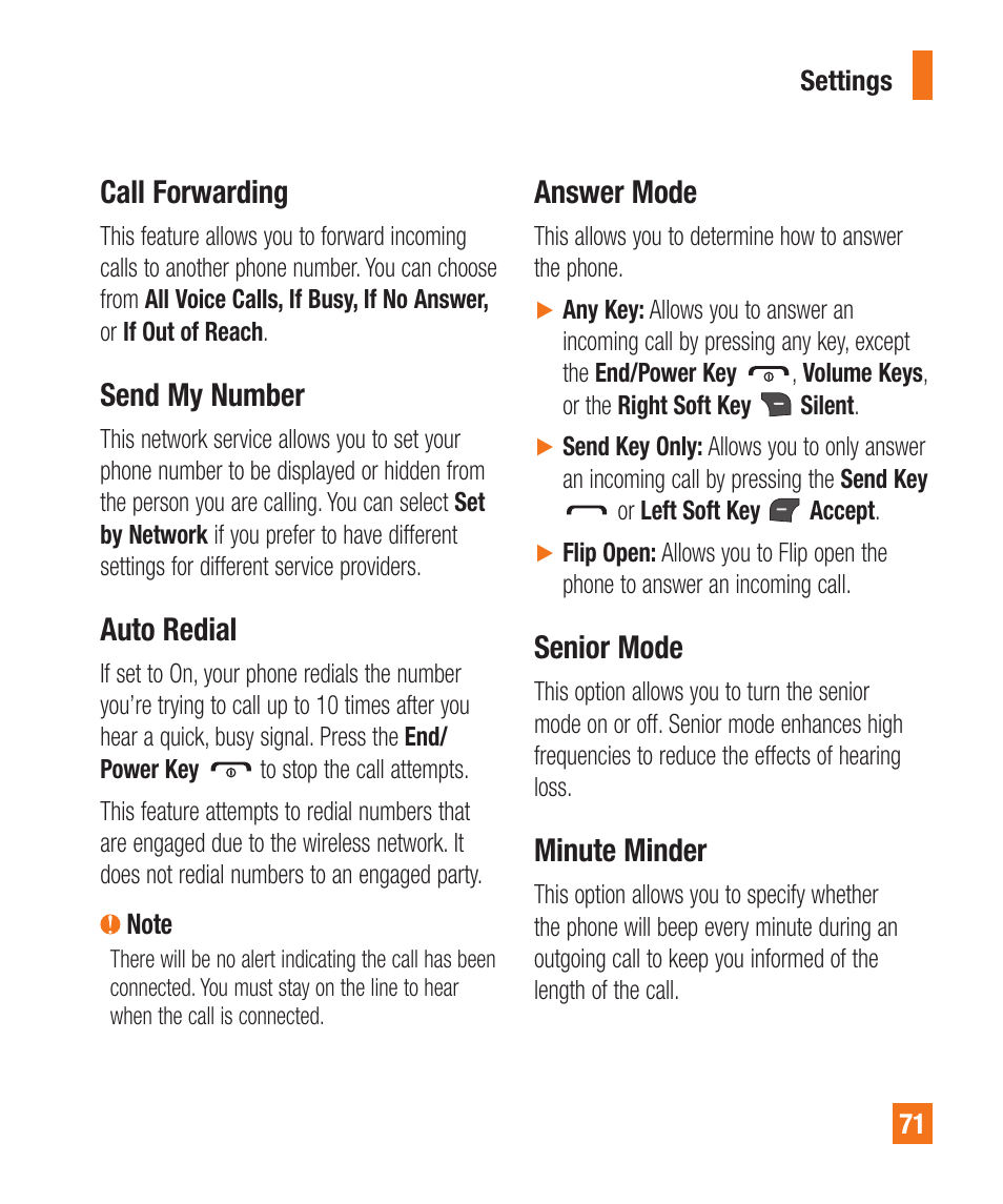 Call forwarding, Send my number, Auto redial | Answer mode, Senior mode, Minute minder | LG LGA340 User Manual | Page 71 / 113