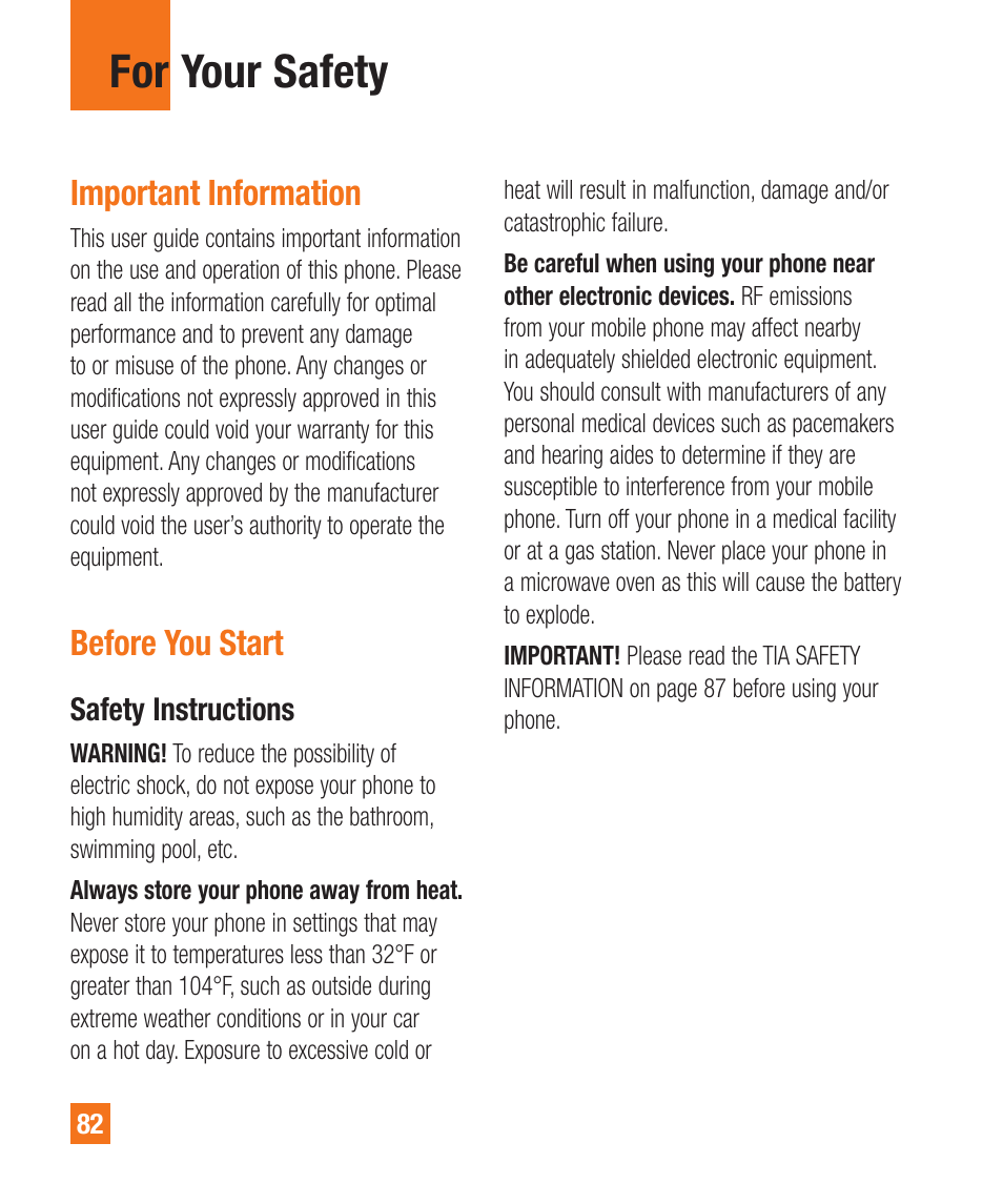 For your safety, Important information, Before you start | LG LGA340 User Manual | Page 82 / 113