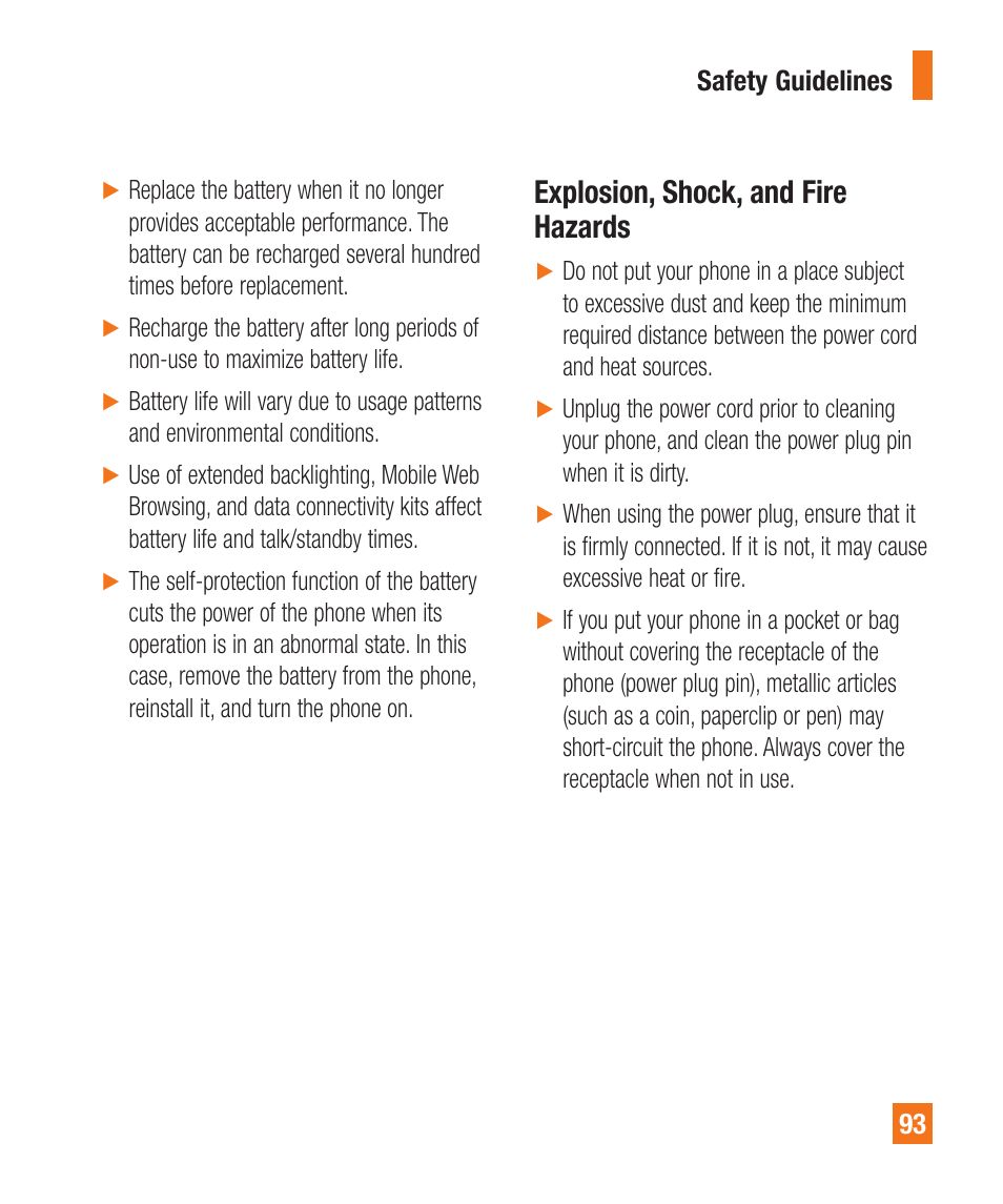 Explosion, shock, and fire hazards | LG LGA340 User Manual | Page 93 / 113