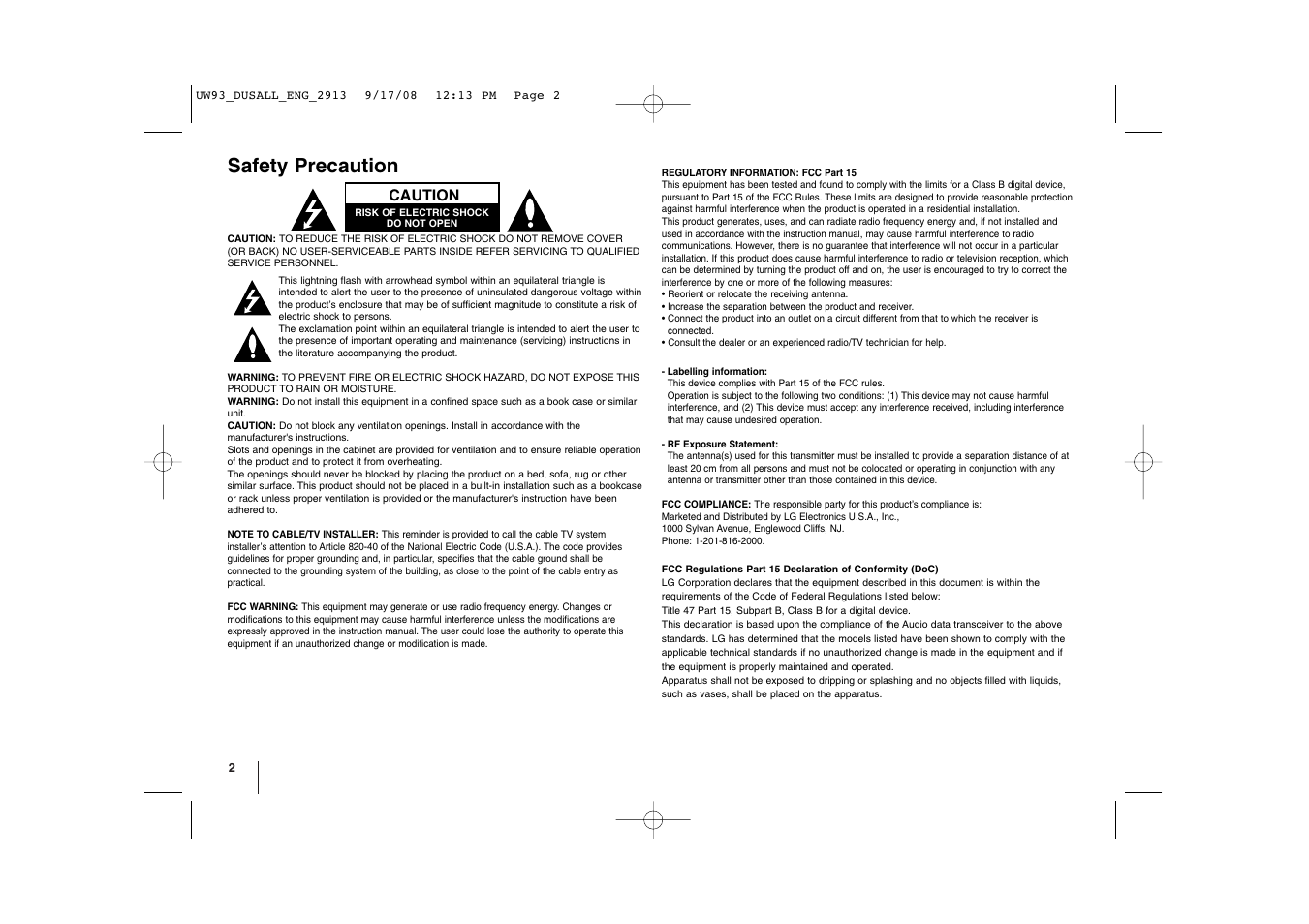 Safety precaution | LG ACC98WK User Manual | Page 2 / 8