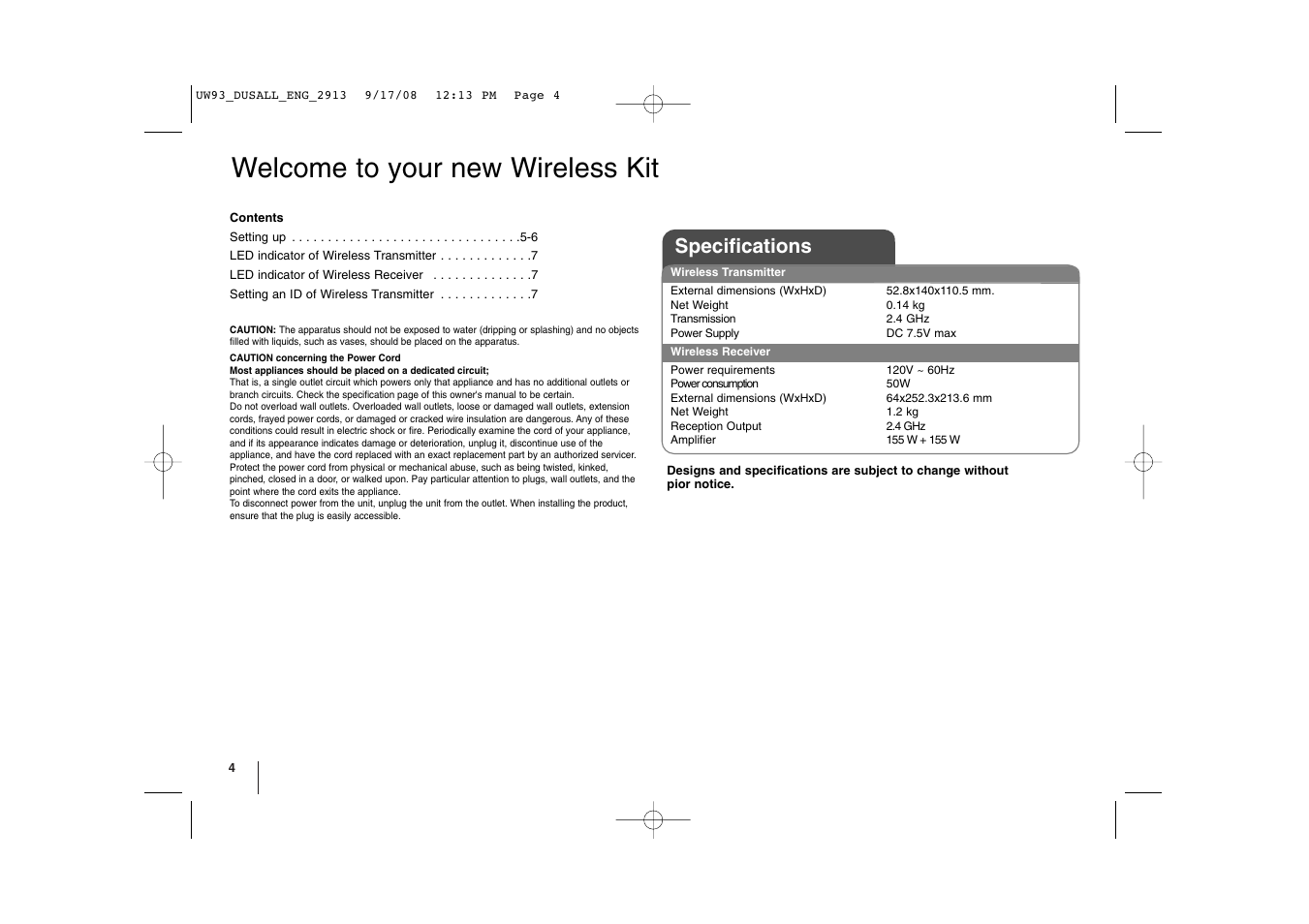 Welcome to your new wireless kit, Specifications | LG ACC98WK User Manual | Page 4 / 8