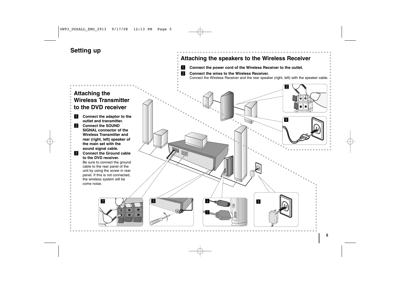 Setting up, Attaching the speakers to the wireless receiver | LG ACC98WK User Manual | Page 5 / 8