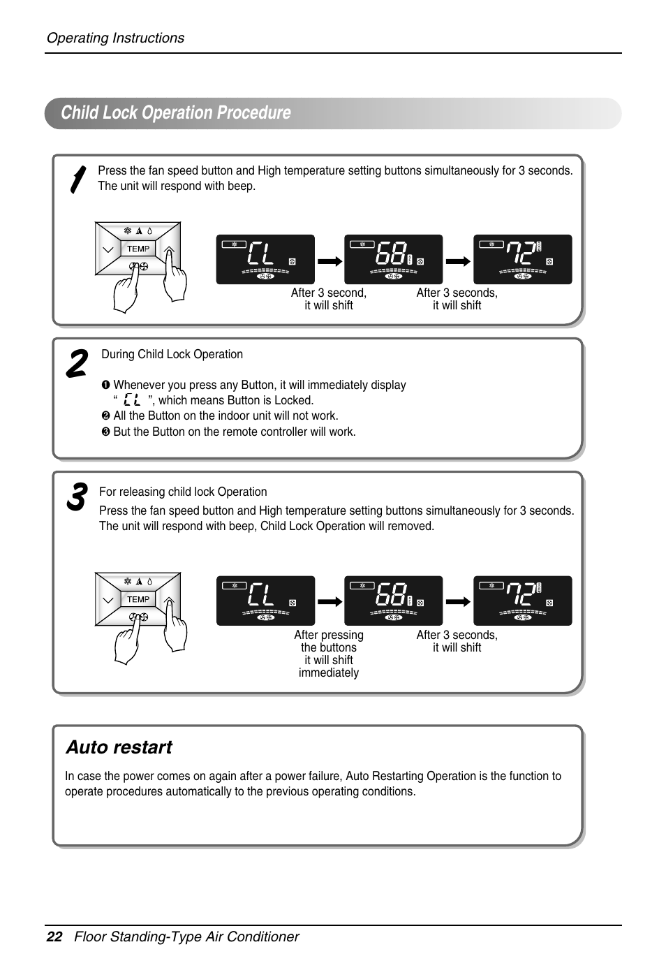 Child lock operation procedure, Auto restart | LG LFN480CE User Manual | Page 22 / 28