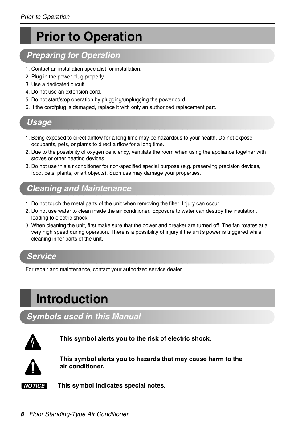 Prior to operation, Introduction, Symbols used in this manual | LG LFN480CE User Manual | Page 8 / 28