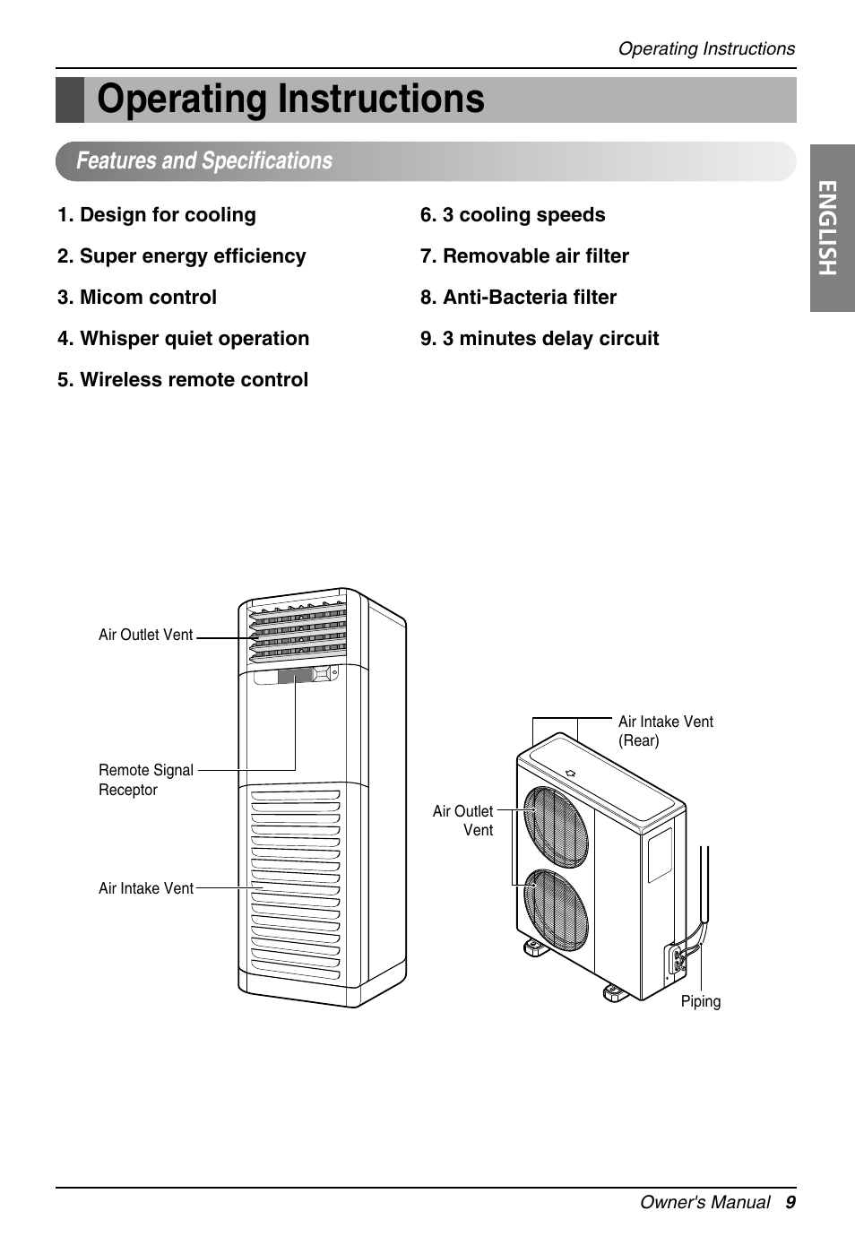 Operating instructions, English, Features and specifications | LG LFN480CE User Manual | Page 9 / 28