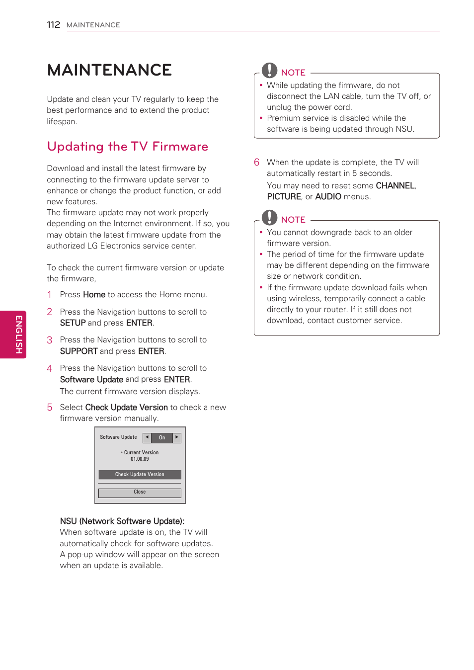 Maintenance, Updating the tv firmware, 112 maintenance | 112 updating the tv firmware | LG 42LK530 User Manual | Page 112 / 166