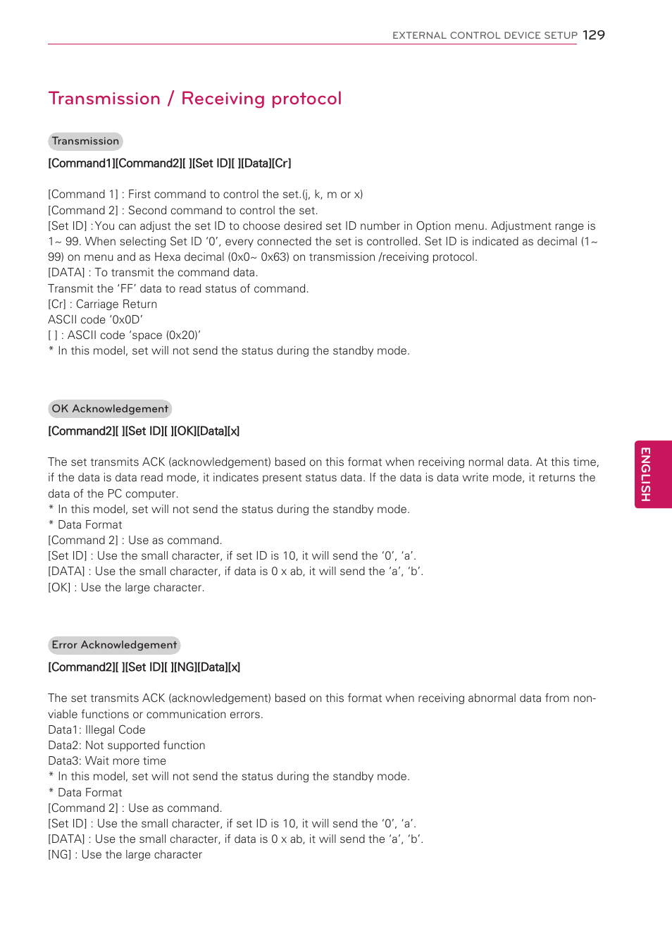 Transmission / receiving protocol | LG 42LK530 User Manual | Page 129 / 166