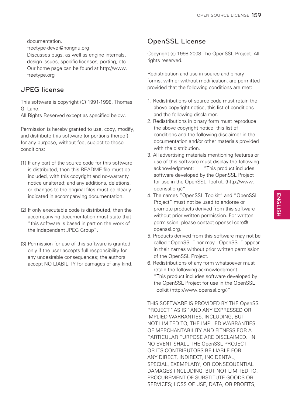 Jpeg license, Openssl license | LG 42LK530 User Manual | Page 159 / 166