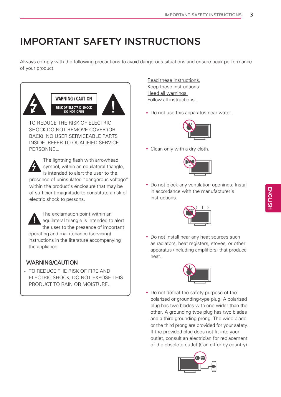 Important safety instructions | LG 42LK530 User Manual | Page 3 / 166