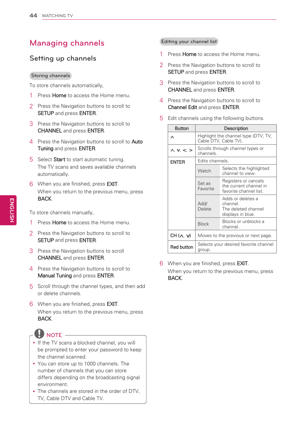 Managing channels, Setting up channels | LG 42LK530 User Manual | Page 44 / 166