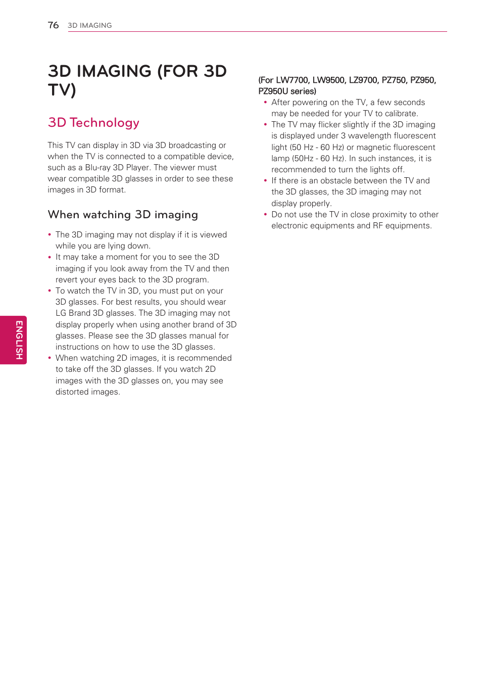 3d imaging (for 3d tv), 3d technology, When watching 3d imaging | 76 3d imaging (for 3d tv) | LG 42LK530 User Manual | Page 76 / 166