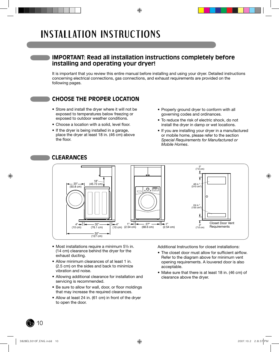 Choose the proper location, Clearances | LG DLGX7188RM User Manual | Page 10 / 88