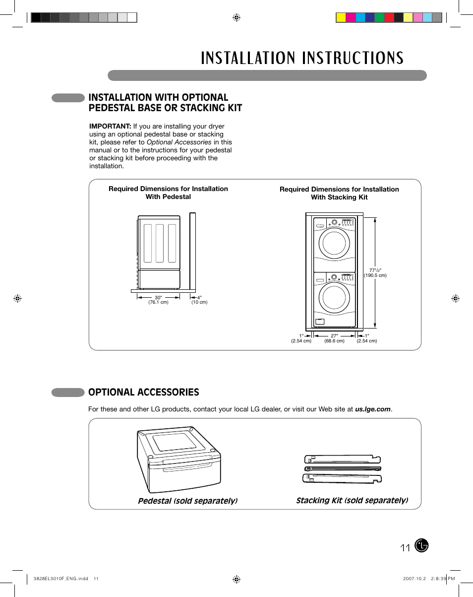 Optional accessories | LG DLGX7188RM User Manual | Page 11 / 88