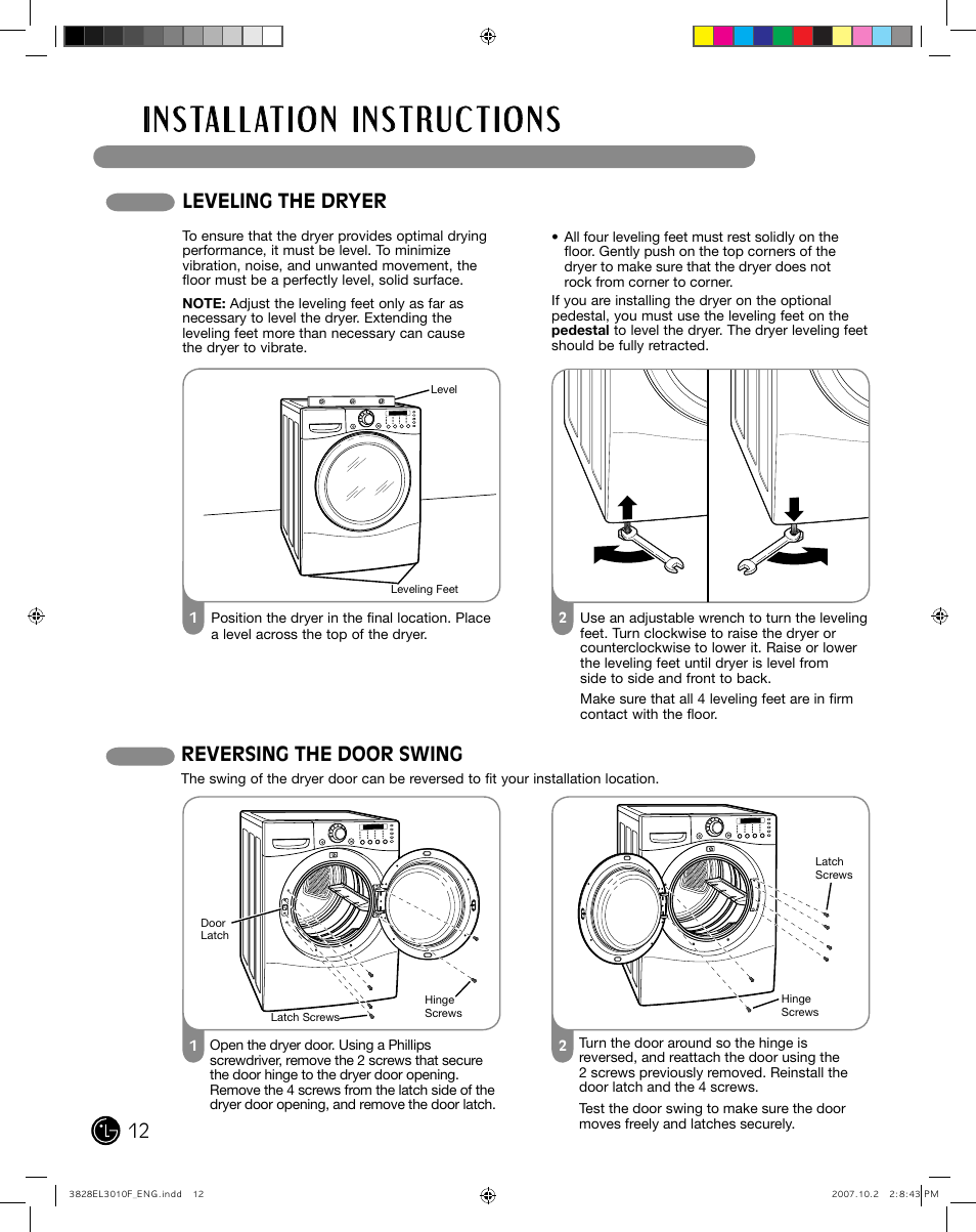 Leveling the dryer, Reversing the door swing | LG DLGX7188RM User Manual | Page 12 / 88