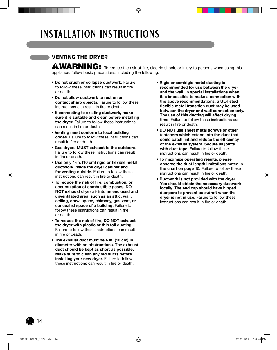 Wwarning, Venting the dryer | LG DLGX7188RM User Manual | Page 14 / 88