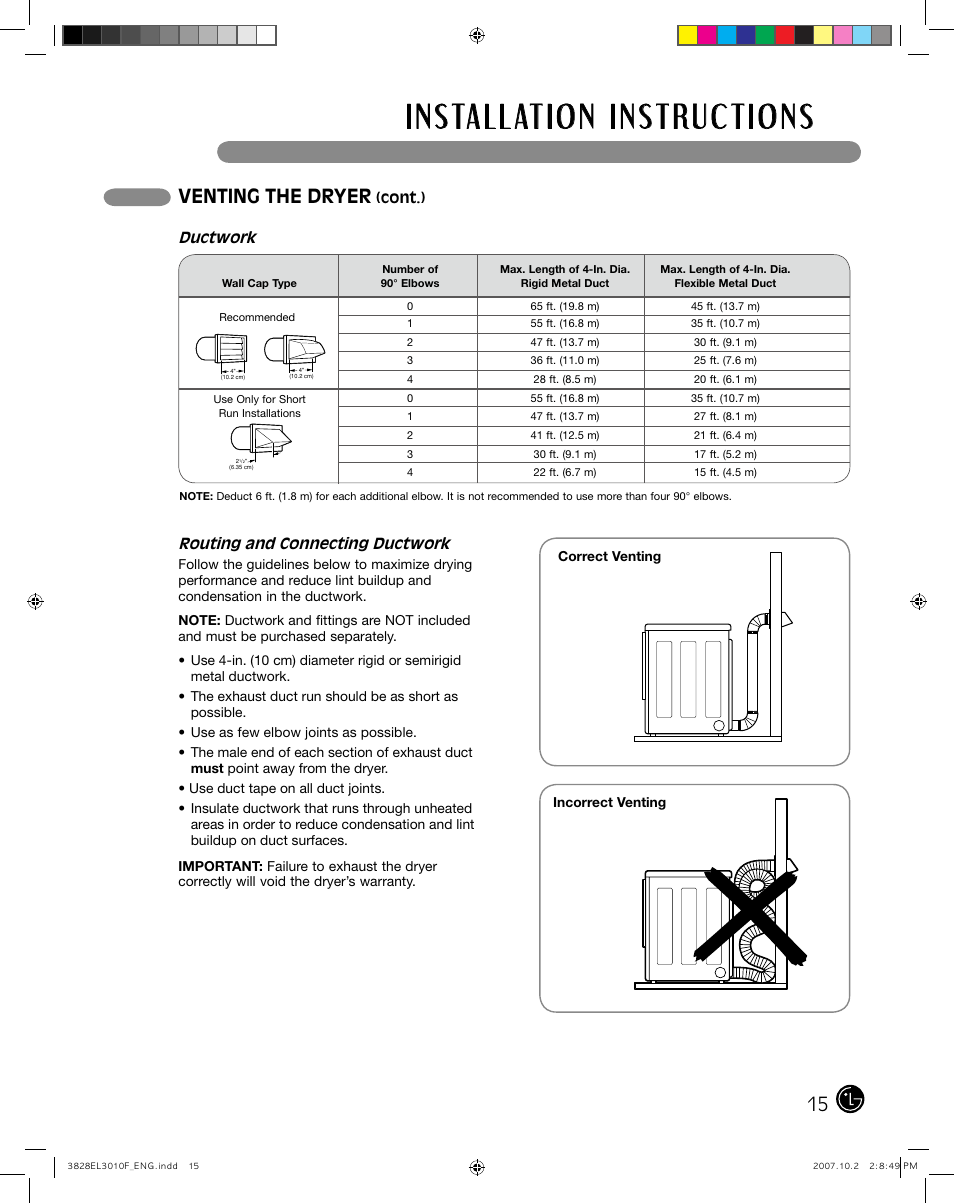 Venting the dryer, Routing and connecting ductwork, Cont.) | Ductwork | LG DLGX7188RM User Manual | Page 15 / 88