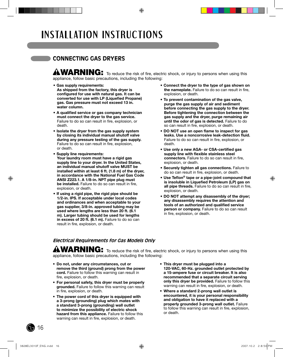 Wwarning, 1 connecting gas dryers | LG DLGX7188RM User Manual | Page 16 / 88