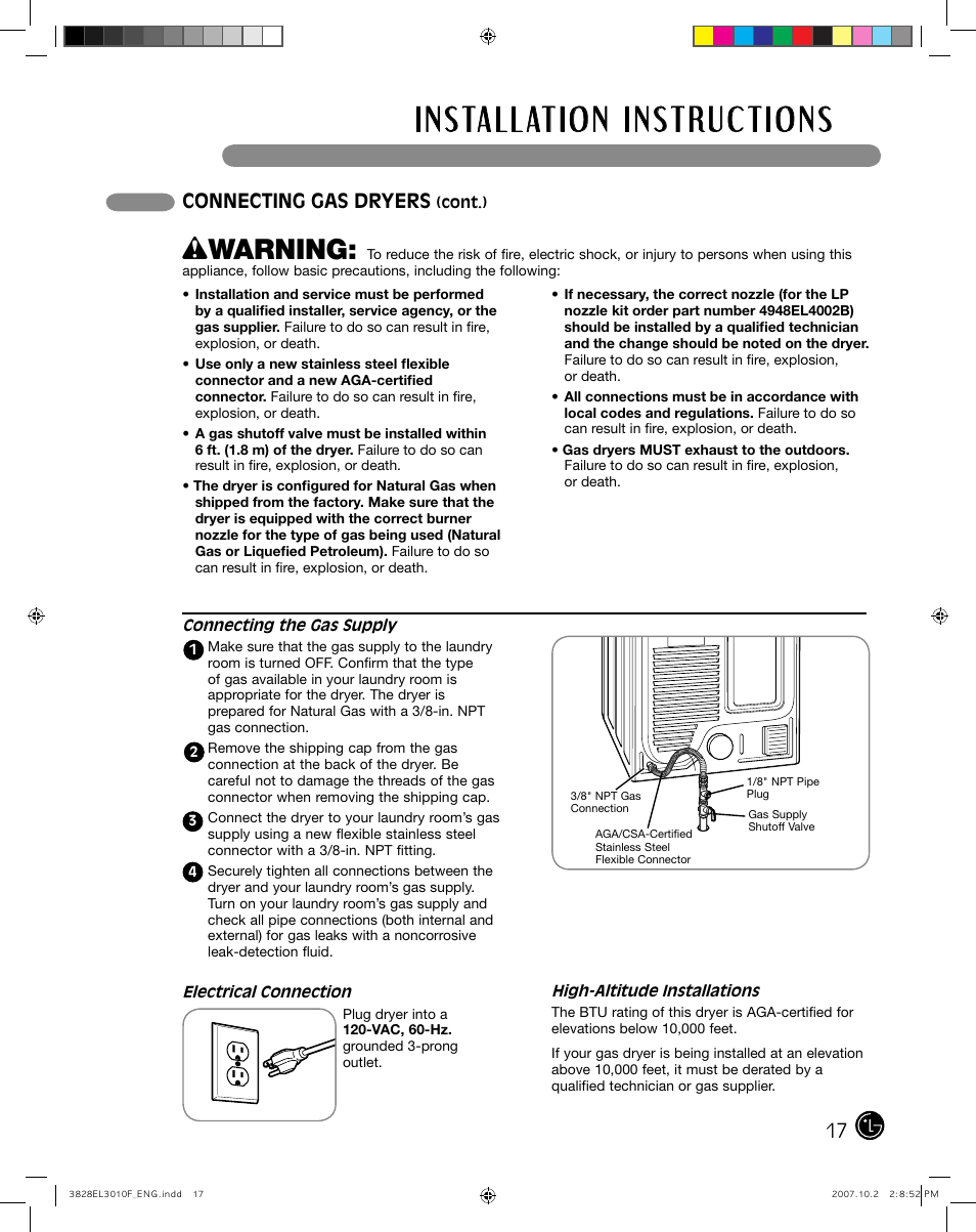 Wwarning, Connecting gas dryers | LG DLGX7188RM User Manual | Page 17 / 88