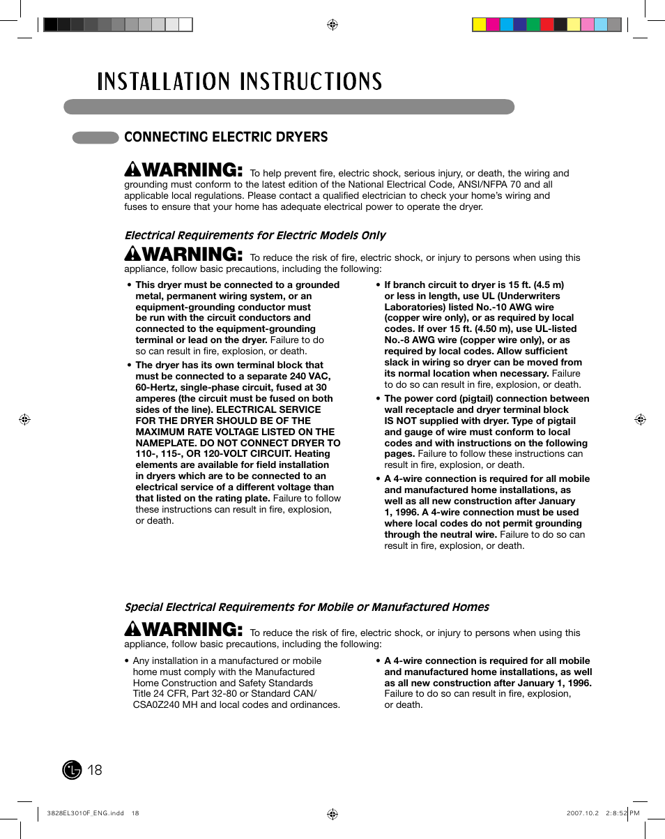 Wwarning, Connecting electric dryers | LG DLGX7188RM User Manual | Page 18 / 88