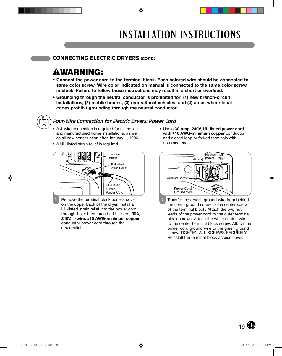 Wwarning, Connecting electric dryers | LG DLGX7188RM User Manual | Page 19 / 88