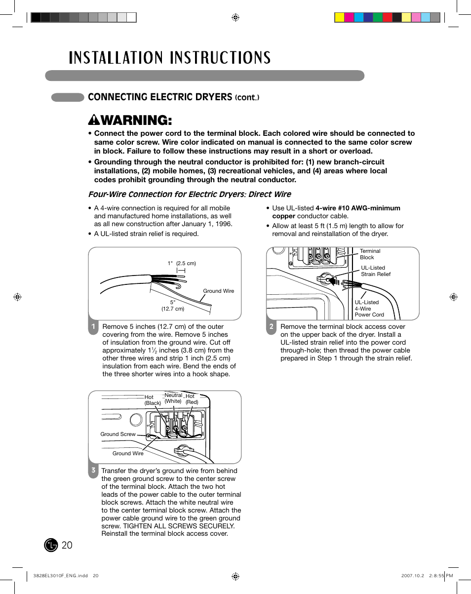 Wwarning, Connecting electric dryers | LG DLGX7188RM User Manual | Page 20 / 88