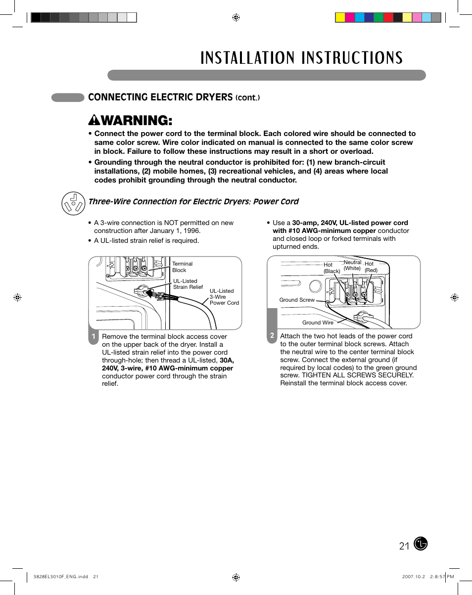 Wwarning, Connecting electric dryers | LG DLGX7188RM User Manual | Page 21 / 88