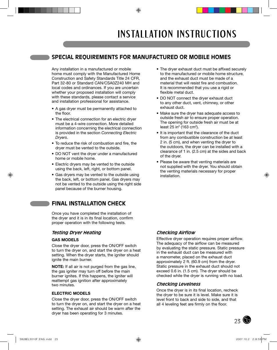 Final installation check | LG DLGX7188RM User Manual | Page 23 / 88