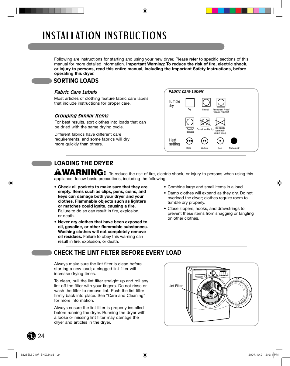 Wwarning, Sorting loads, Check the lint filter before every load | Loading the dryer | LG DLGX7188RM User Manual | Page 24 / 88