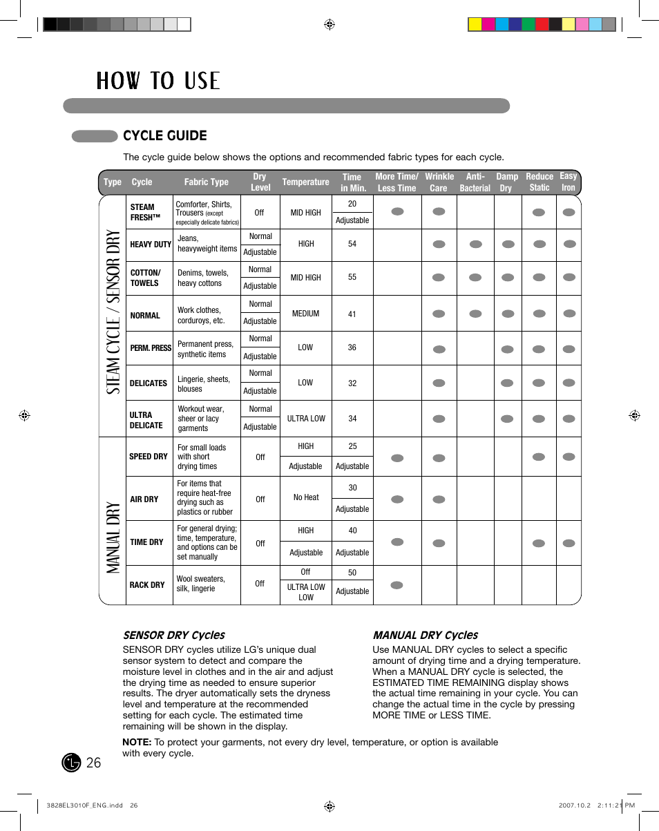 H o w to u s e, Steam cycle / sensor dry manu al dry, Cycle guide | LG DLGX7188RM User Manual | Page 26 / 88