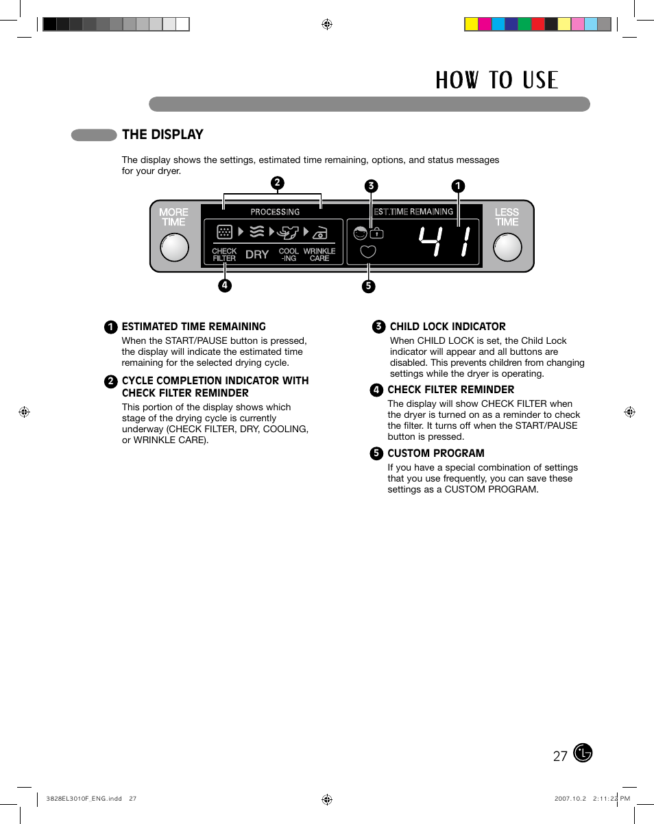 H o w to u s e, The display | LG DLGX7188RM User Manual | Page 27 / 88