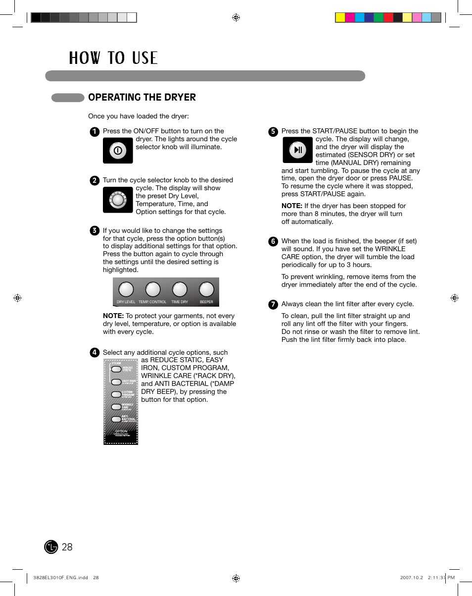 H o w to u s e, Operating the dryer | LG DLGX7188RM User Manual | Page 28 / 88