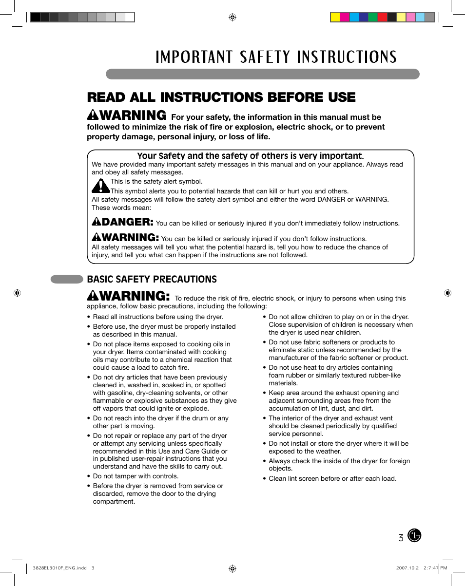 Read all instructions before use w warning, Wdanger, Wwarning | Basic safety precautions | LG DLGX7188RM User Manual | Page 3 / 88