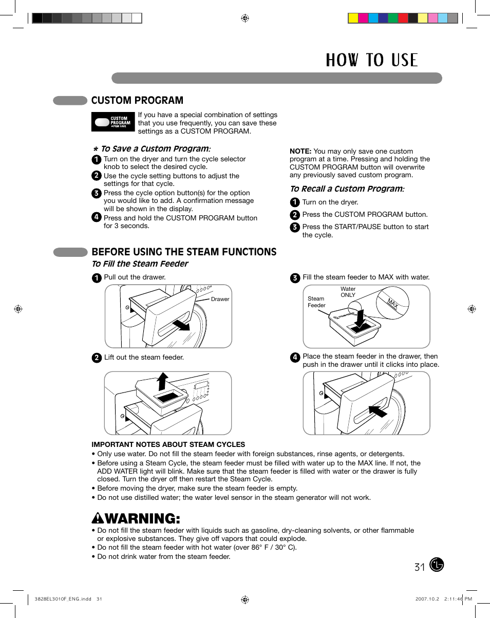 H o w to u s e, Wwarning, Custom program | Before using the steam functions | LG DLGX7188RM User Manual | Page 31 / 88