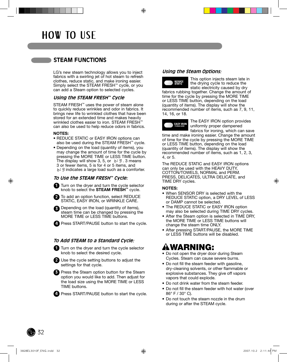 H o w to u s e, Wwarning, Steam functions | LG DLGX7188RM User Manual | Page 32 / 88