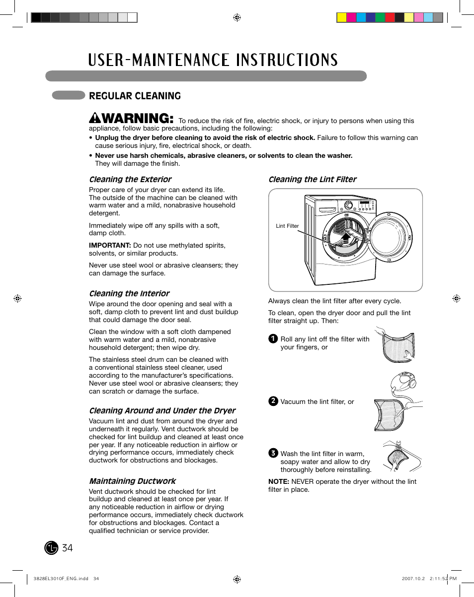 Wwarning, Regular cleaning | LG DLGX7188RM User Manual | Page 34 / 88