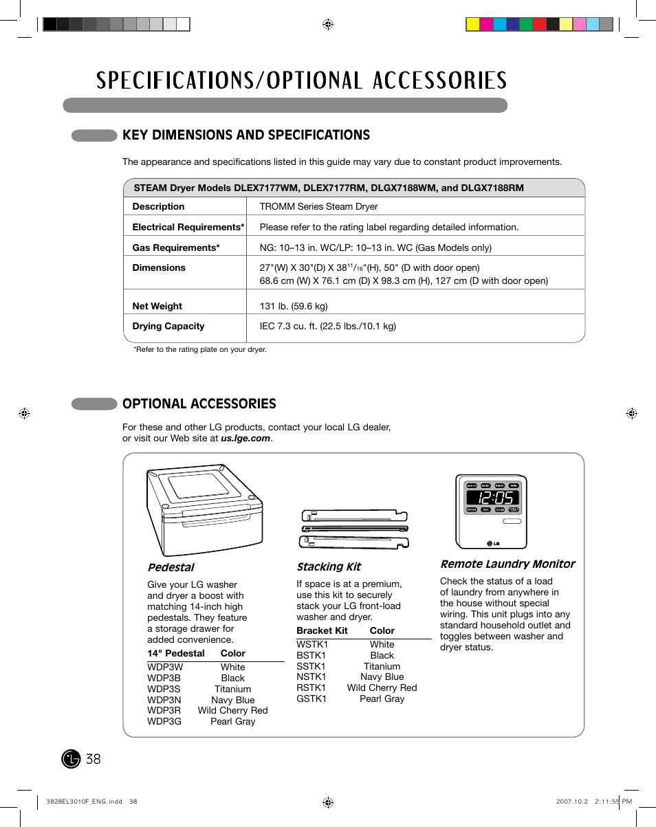 Key dimensions and specifications, Optional accessories | LG DLGX7188RM User Manual | Page 38 / 88