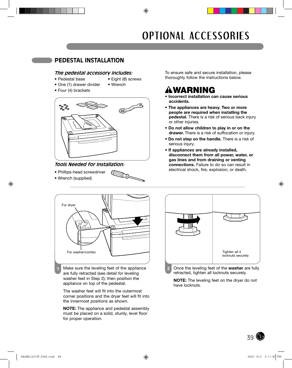 Wwarning, Pedestal installation | LG DLGX7188RM User Manual | Page 39 / 88