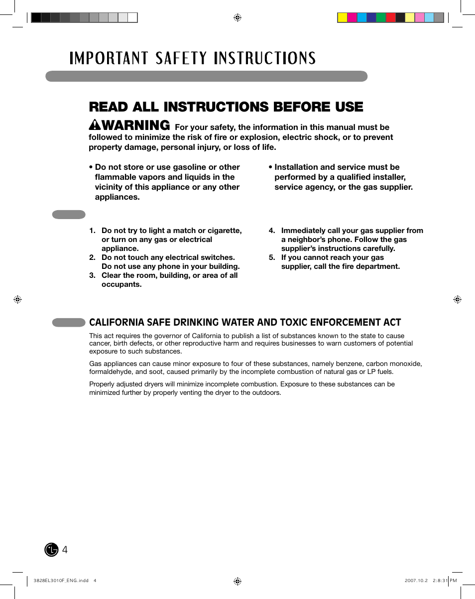 Read all instructions before use w warning, What to do if you smell gas | LG DLGX7188RM User Manual | Page 4 / 88