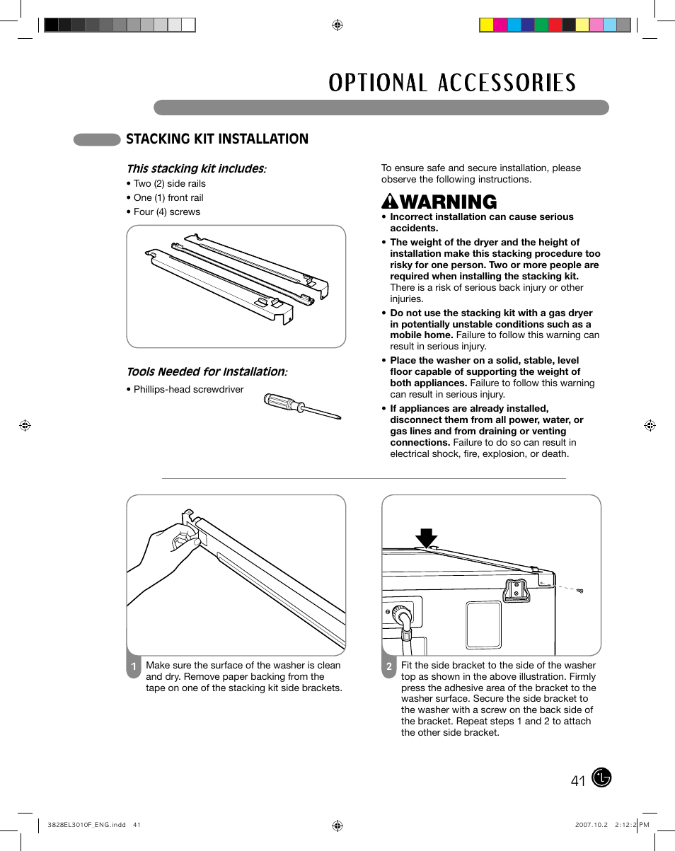 Wwarning, Stacking kit installation | LG DLGX7188RM User Manual | Page 41 / 88