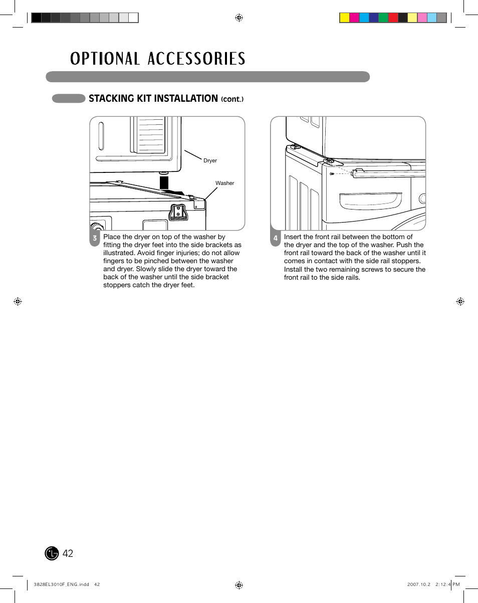 Stacking kit installation | LG DLGX7188RM User Manual | Page 42 / 88