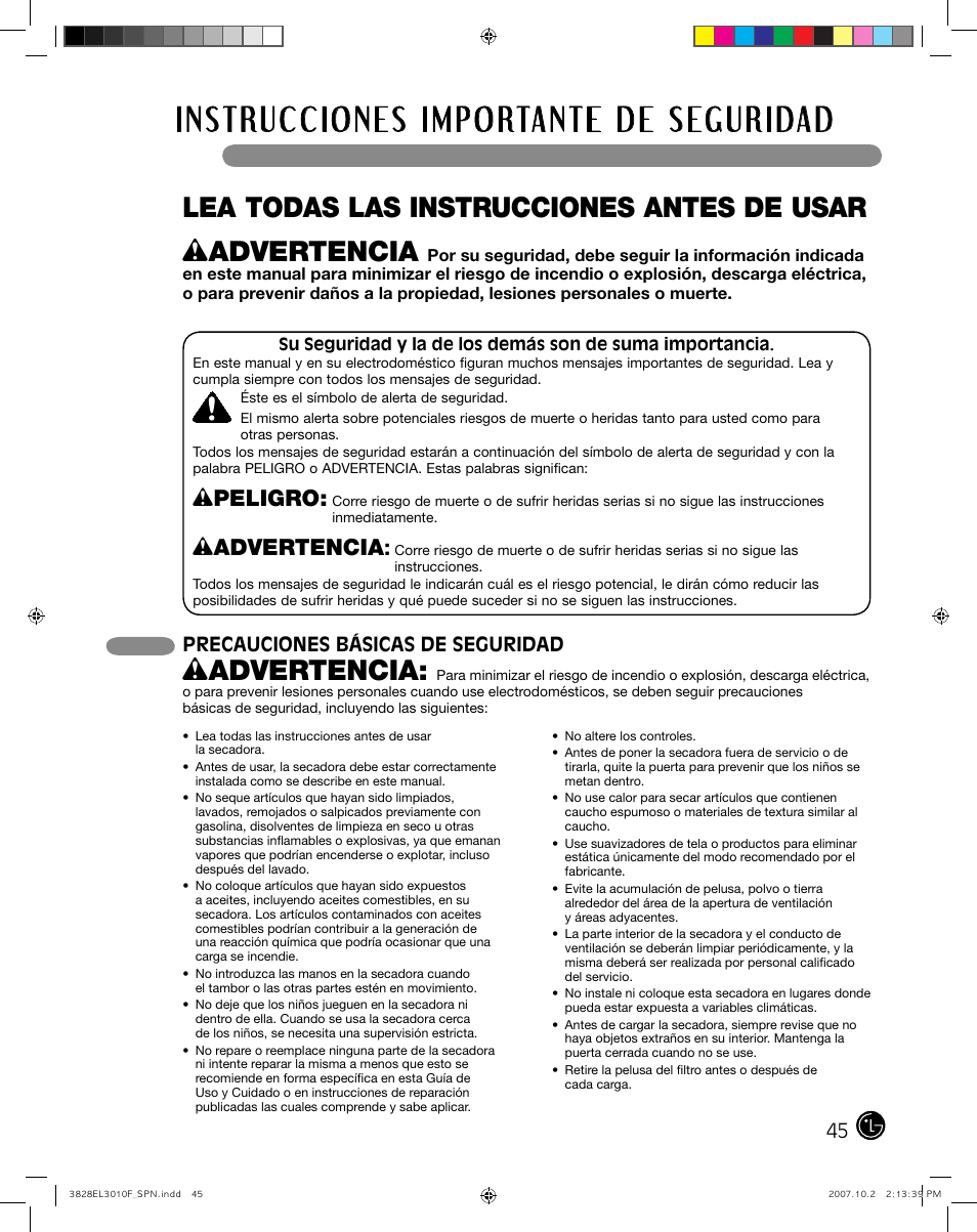 Lea todas las instrucciones antes de usar, Wpeligro, Wadvertencia | Precauciones básicas de seguridad | LG DLGX7188RM User Manual | Page 45 / 88