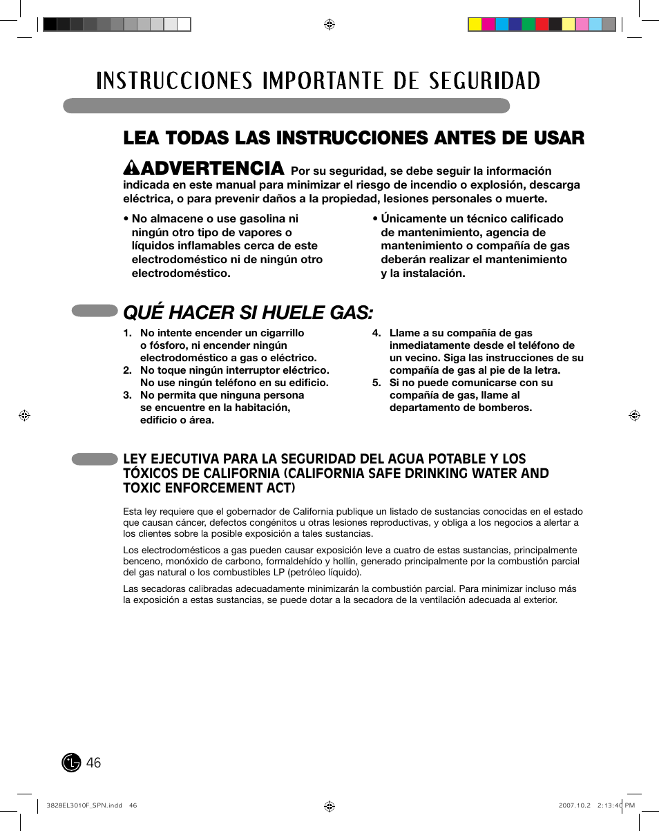 Qué hacer si huele gas | LG DLGX7188RM User Manual | Page 46 / 88