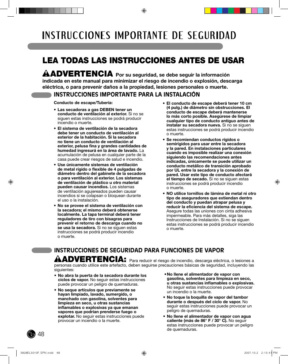 Wadvertencia | LG DLGX7188RM User Manual | Page 48 / 88