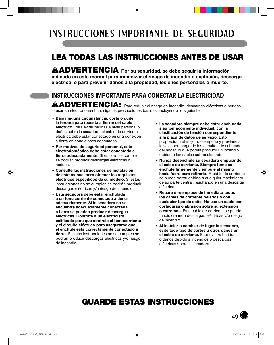 Guarde estas instrucciones, Wadvertencia | LG DLGX7188RM User Manual | Page 49 / 88