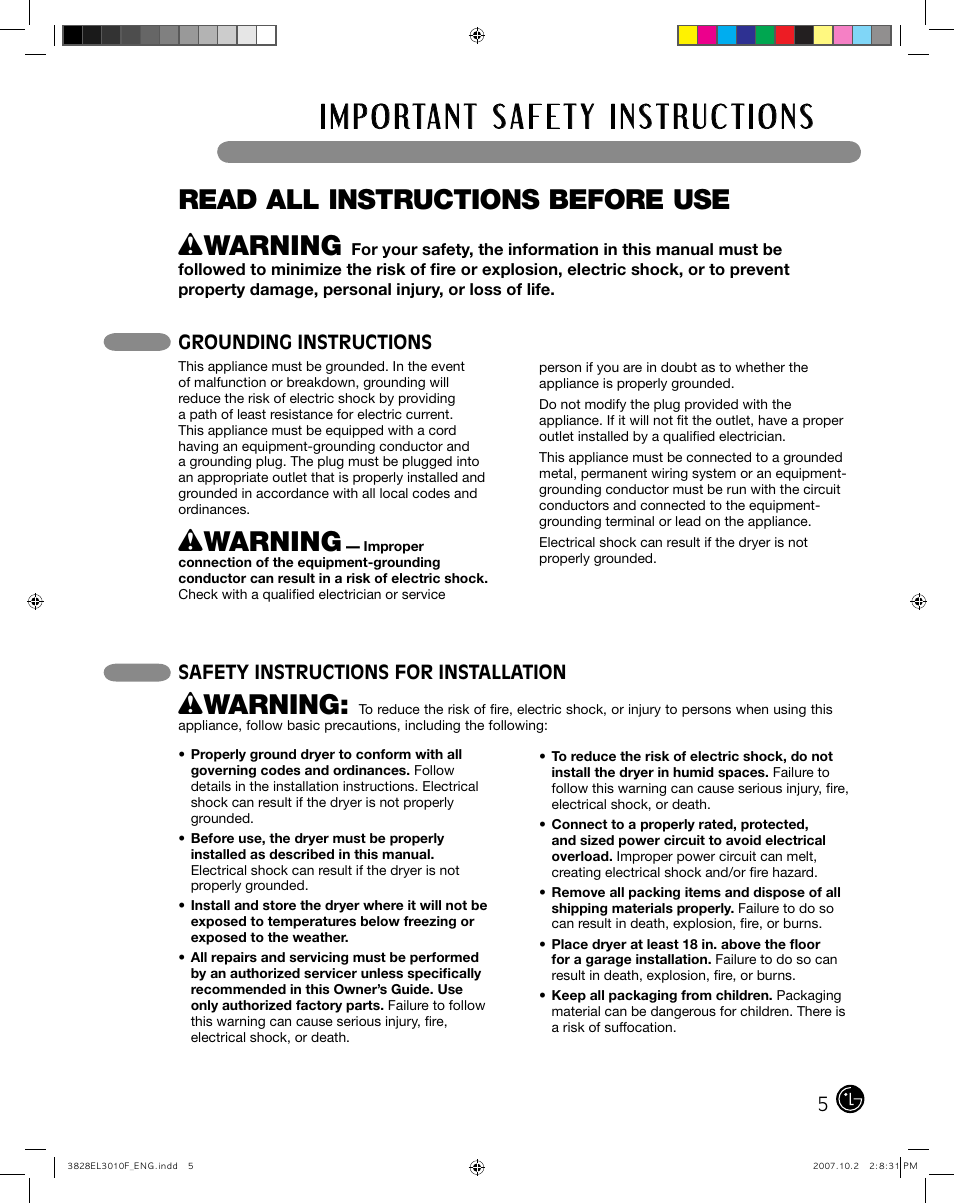 Wwarning, Read all instructions before use, Grounding instructions | Safety instructions for installation | LG DLGX7188RM User Manual | Page 5 / 88