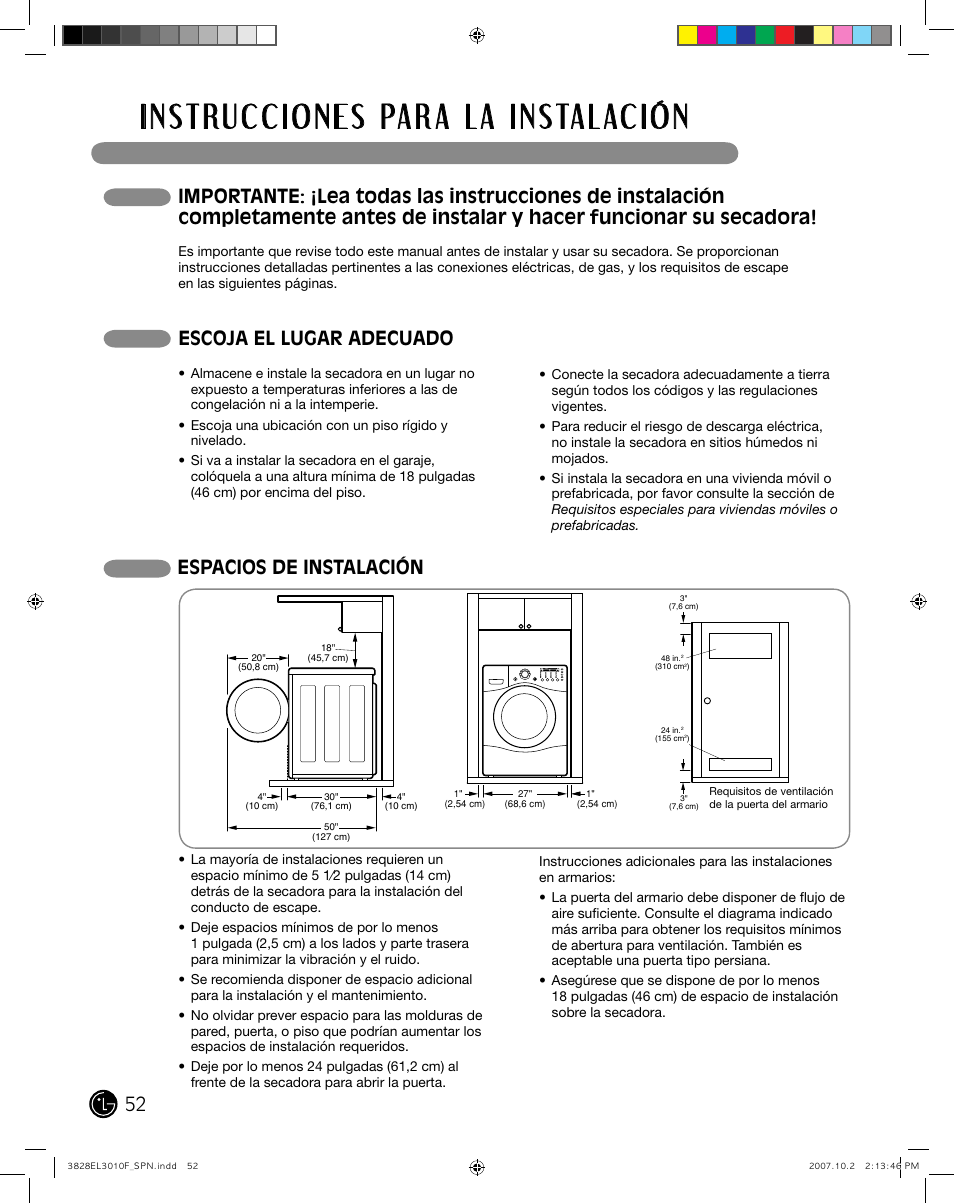 Escoja el lugar adecuado, Espacios de instalación | LG DLGX7188RM User Manual | Page 52 / 88