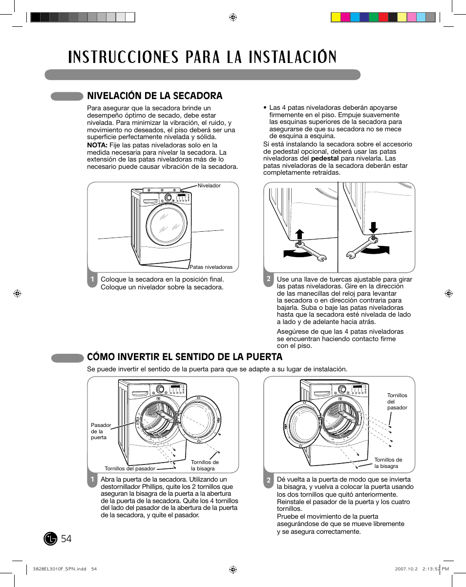 Nivelación de la secadora, Cómo invertir el sentido de la puerta | LG DLGX7188RM User Manual | Page 54 / 88