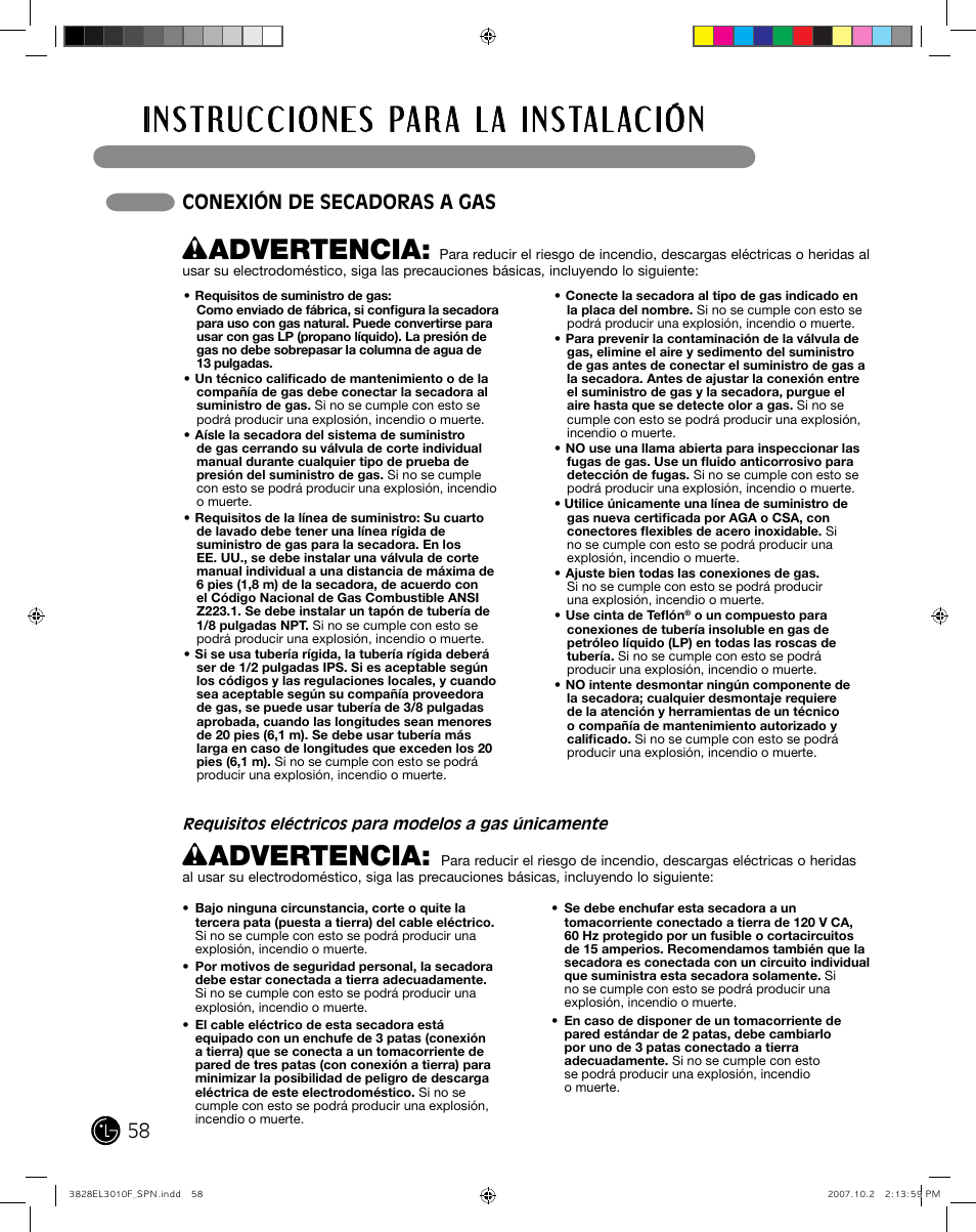 Wadvertencia, 58 conexión de secadoras a gas | LG DLGX7188RM User Manual | Page 58 / 88