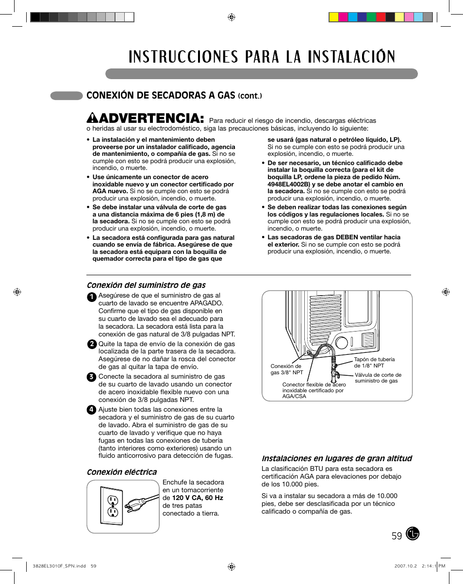 Wadvertencia, Conexión de secadoras a gas | LG DLGX7188RM User Manual | Page 59 / 88